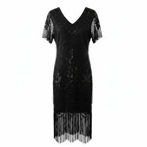 Babeyond Women Flapper Dress XL Black Beaded Sequin Fringe Gatsby Art Deco Retro